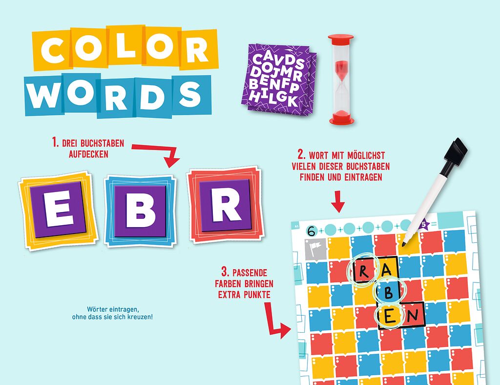 Color Words Brettspiel, Wortspiel, Farbspiel, Spielkarten, Sanduhr