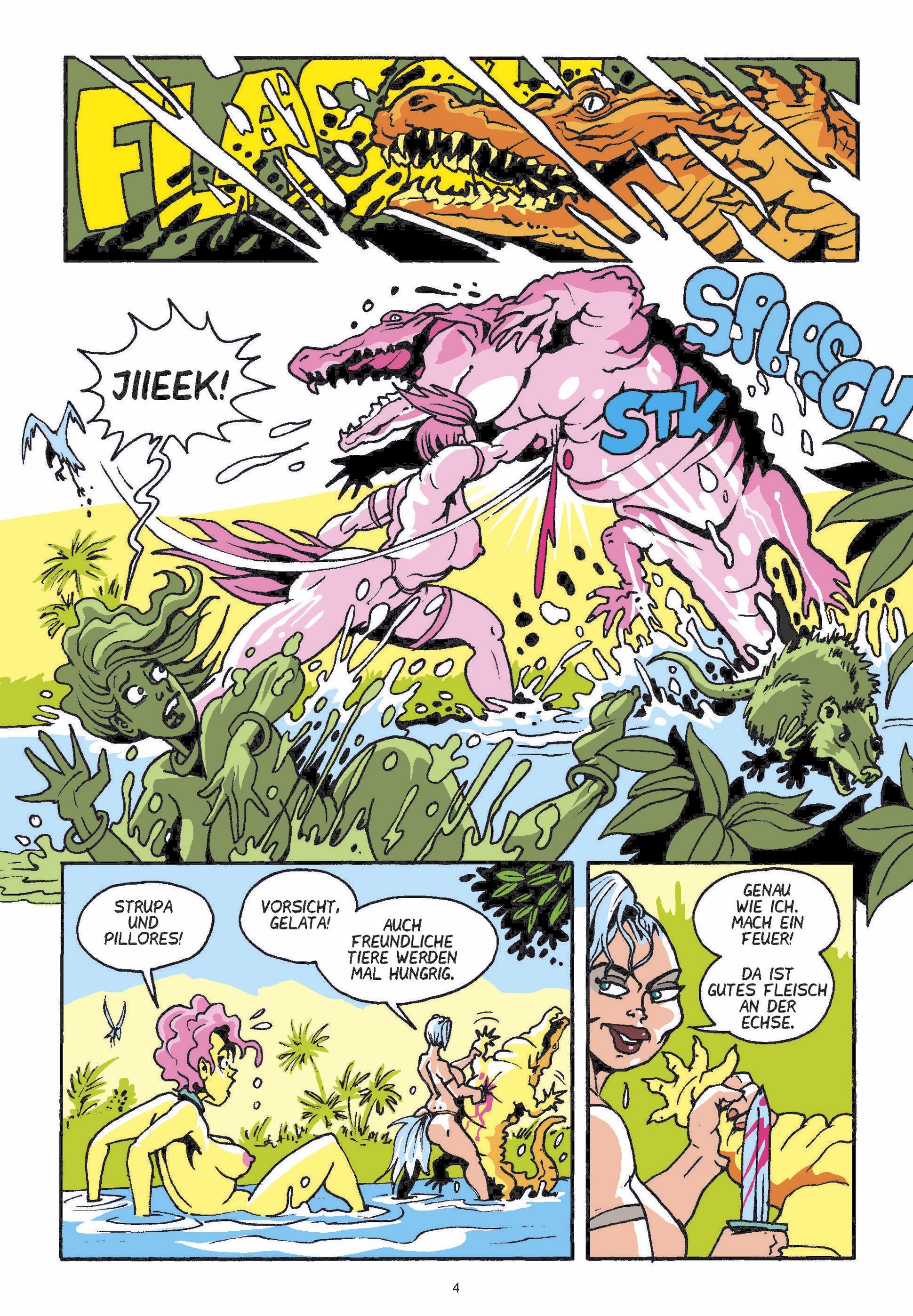 Luba Wolfschwanz #17: Das Grauen im Nebel dinosaur, rosa Dinosaurier, Cartoon, Kampf, Wasserszene