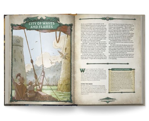 Dragonbane RPG: Arkand - City of Waves & Flames illustration, Buch, offenes Buch, city of waves and flames, Seitenansicht