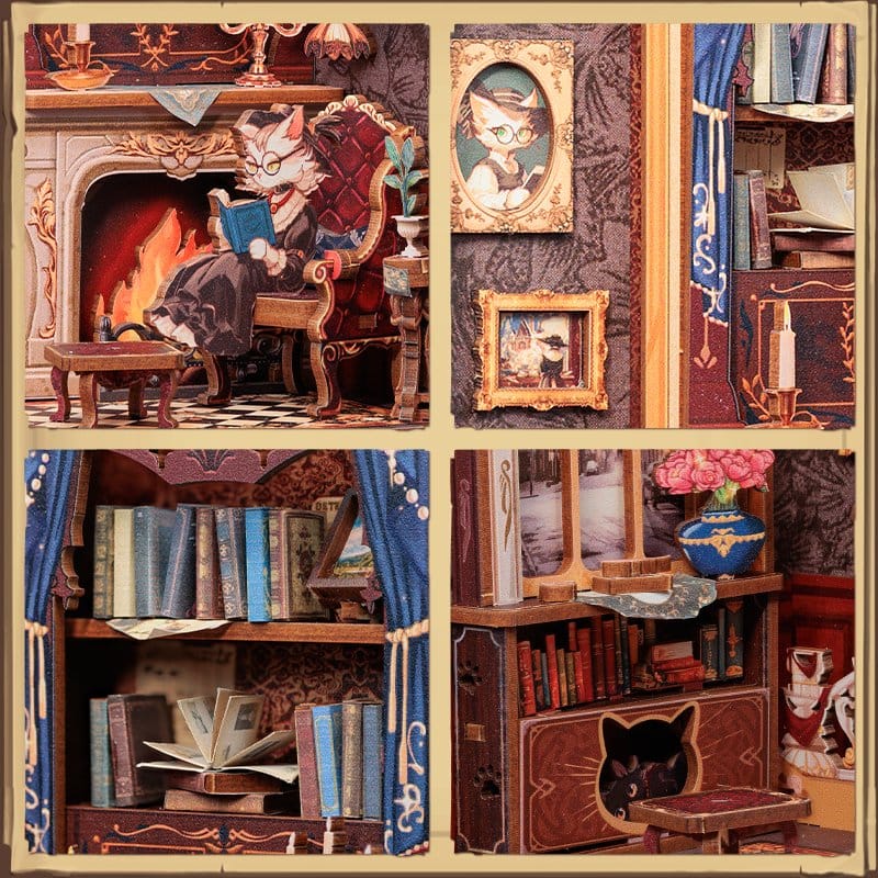 Katze, Bücherregal, Wohnzimmer, Kamin, Kunstvolle3D-Illustration