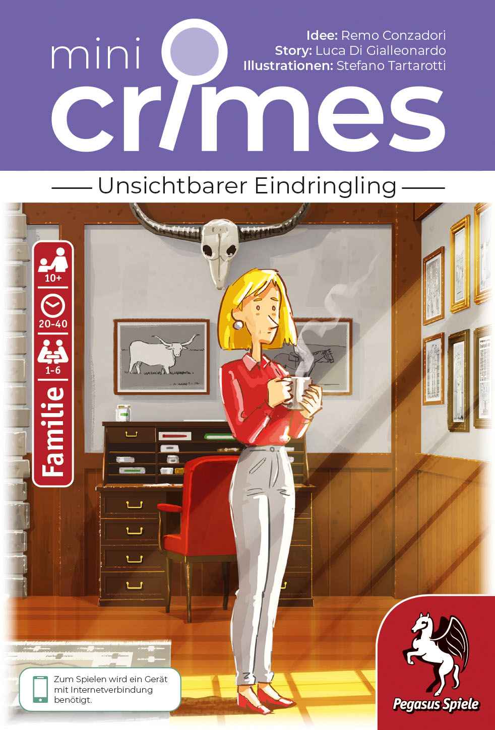 MiniCrimes - Unsichtbarer Eindringling Büro, Dame, Kaffeebecher, Hornkuh-Schädel, Behandlungszimmer