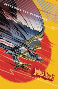 Judas Priest - Screaming for Vengeance HC (222) Dinosaurier-Thema, Jurassic Park, Thriller-Poster, roter Hintergrund, Fliegendes Wesen