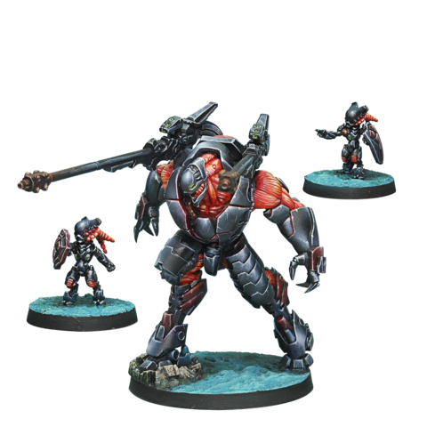 Infinity: Combined Army - Overdrone Batroids Tag Pack Miniatur, Figur Miniatur, Stein Schild, riesiger Mech, rote Akzente