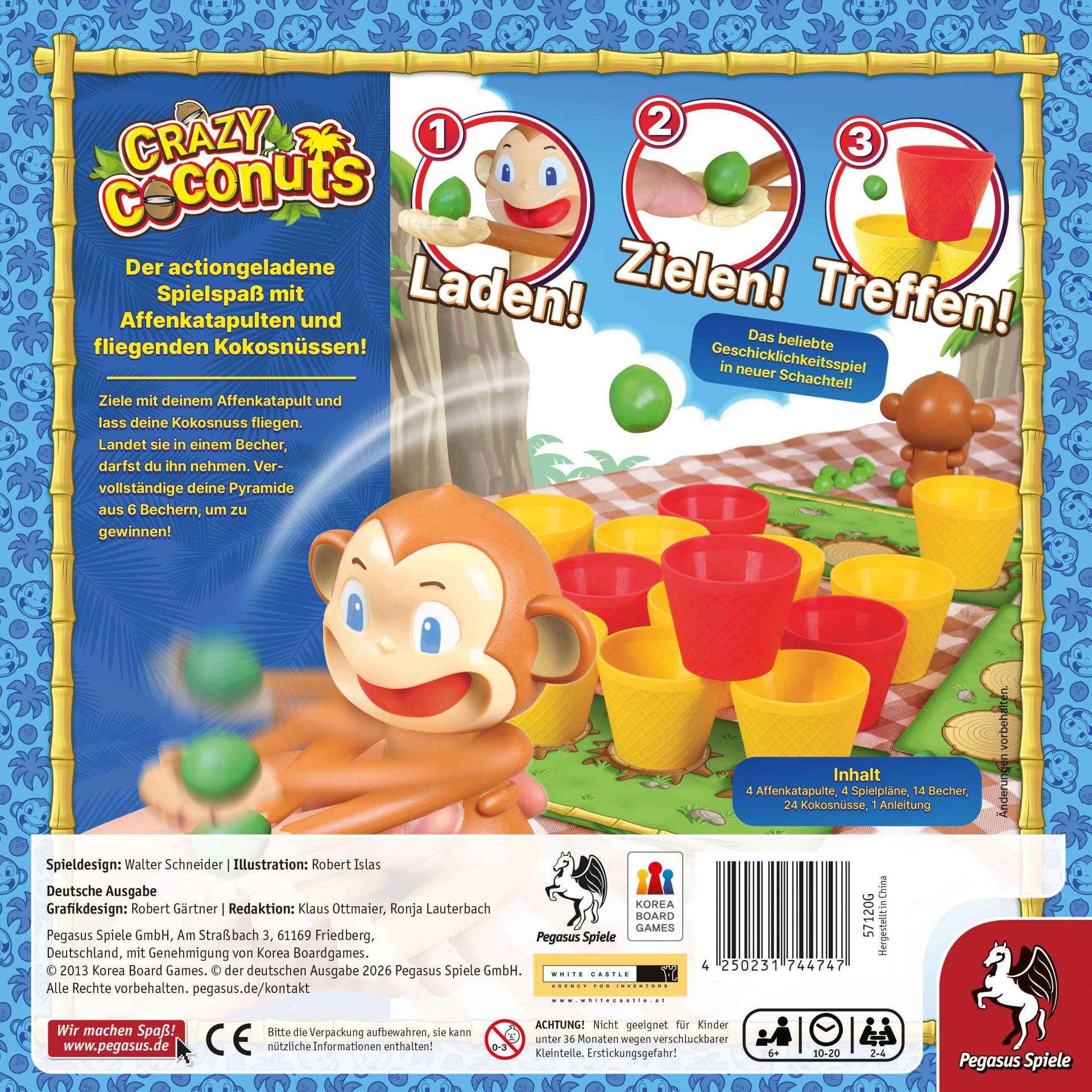 Affe, Becher-Pyramide, Kokosnüsse, Brettspiel, Bälle