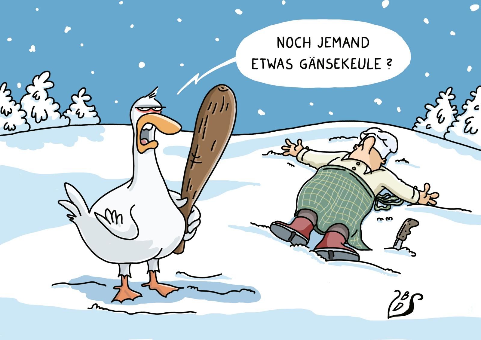 Gänsebild, Schneelandschaft, Stock, Vogel, Opa im Schnee