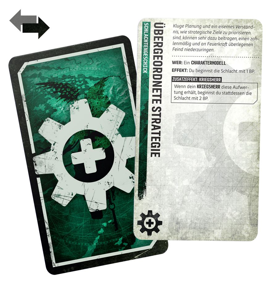 Strategiekarte, Zahnrad-Icon, grüne Karte, Brettspiel-Komponente, Textkarte
