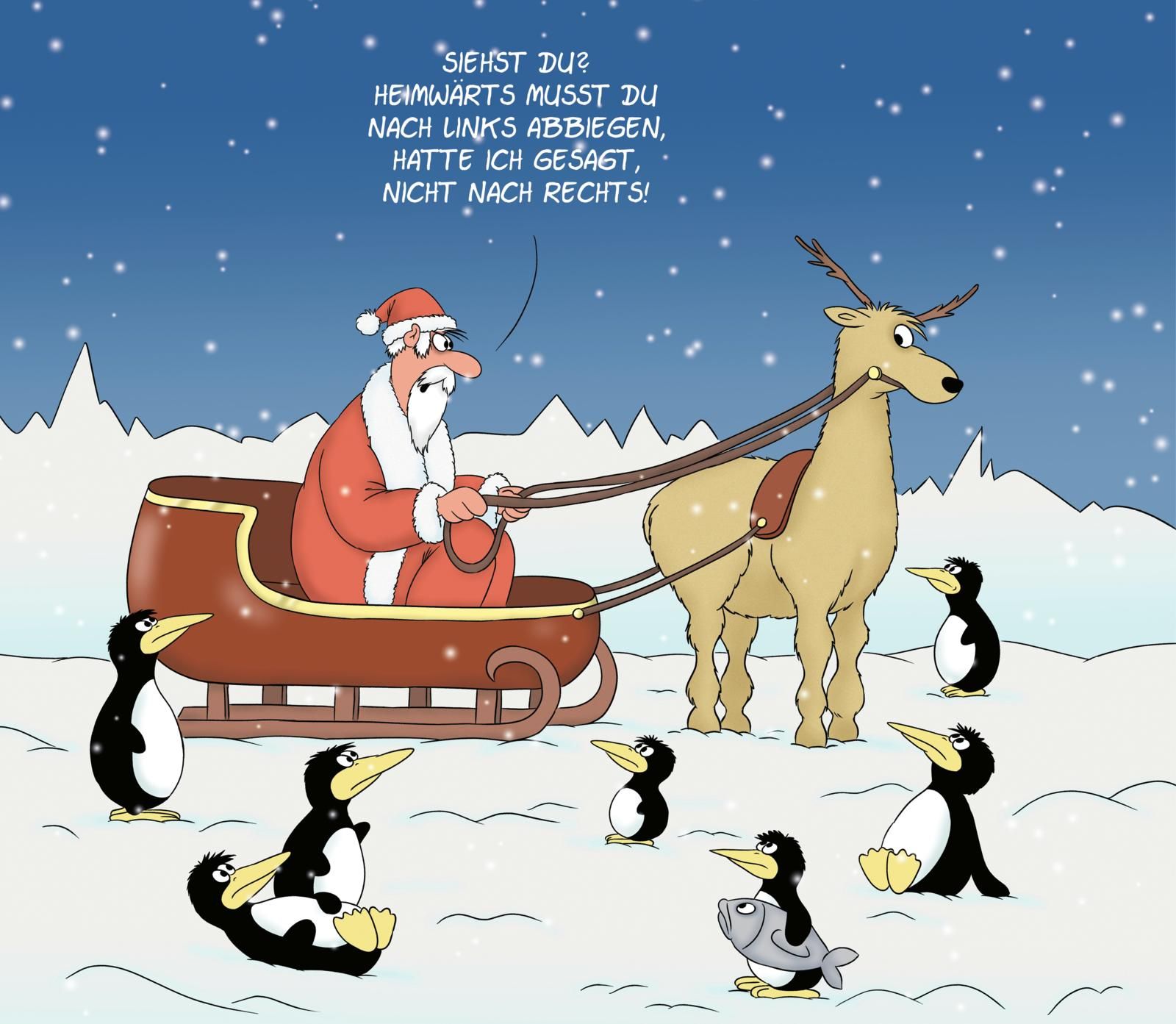 Schlitten, Weihnachtsmann, Pinguine, Winter, Rentier