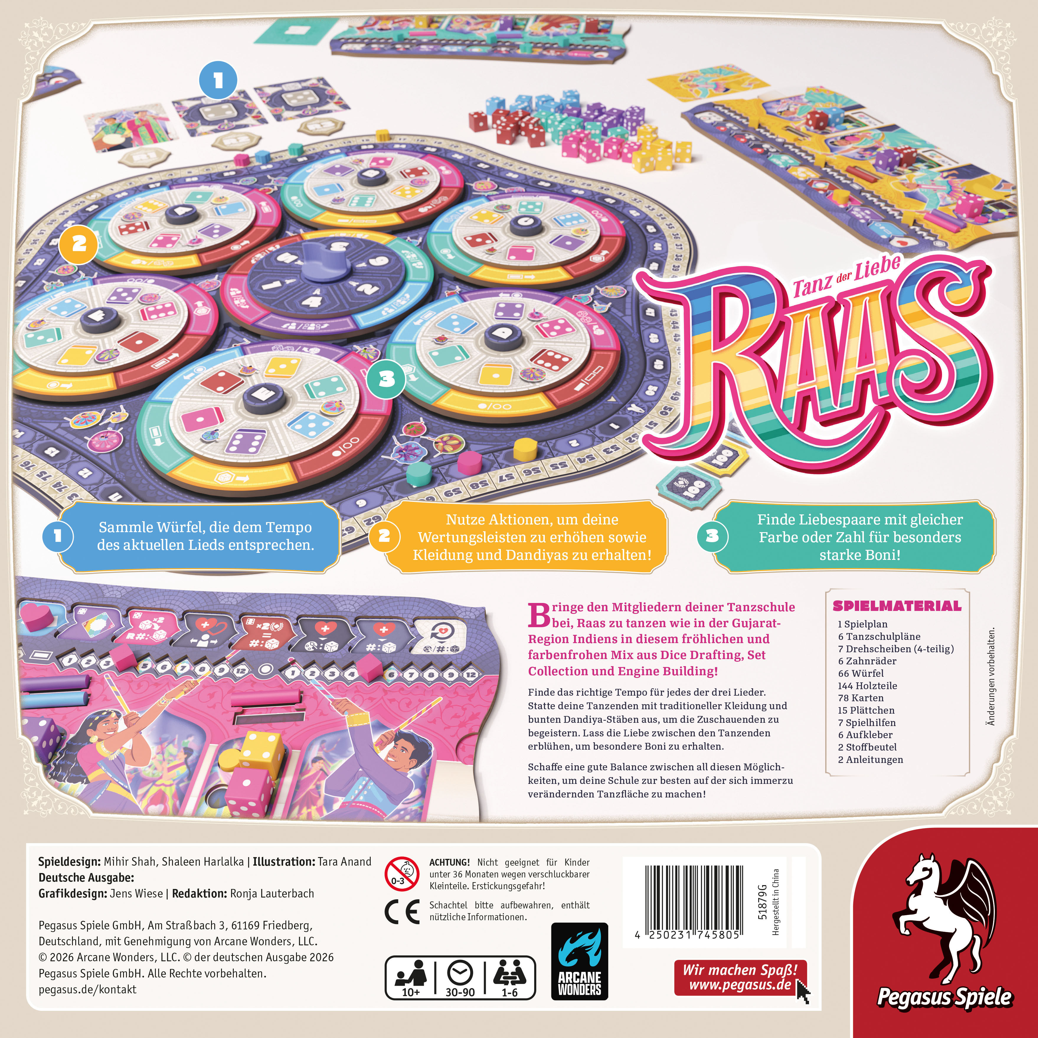 Raas: Tanz der Liebe Brettspiel, Würfel, Spielbrett, bunte Ringe, Spielsteine