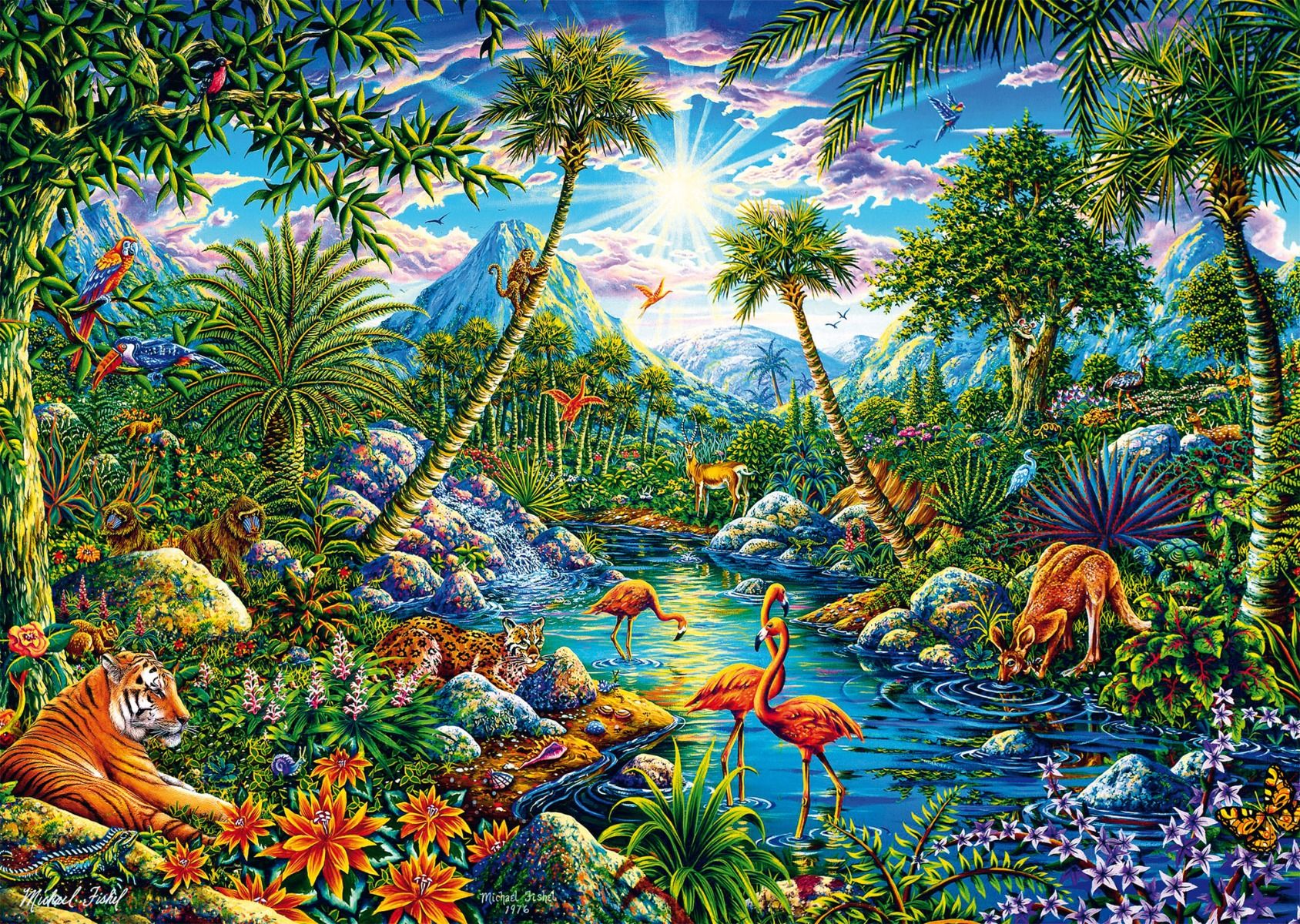 Puzzle: Inselparadies tropischer-dschungel, flamingos, pflanzenreich, tierwelt, wasserlauf