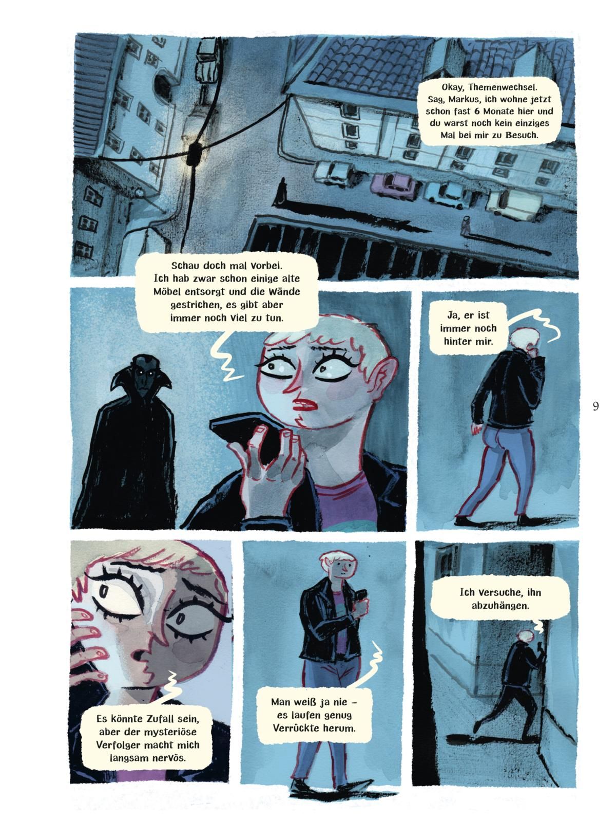 Comic, Urban Nacht, Figure mit Handy, Blautöne, Schattenfigur