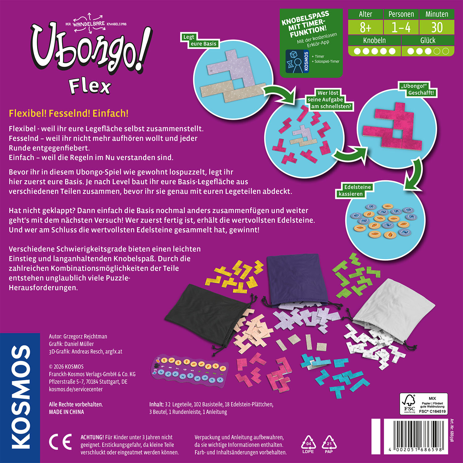 Ubongo Flex Puzzleteile, Stoffbeutel, bunte Plättchen, Spielfiguren?, Spielbauteile