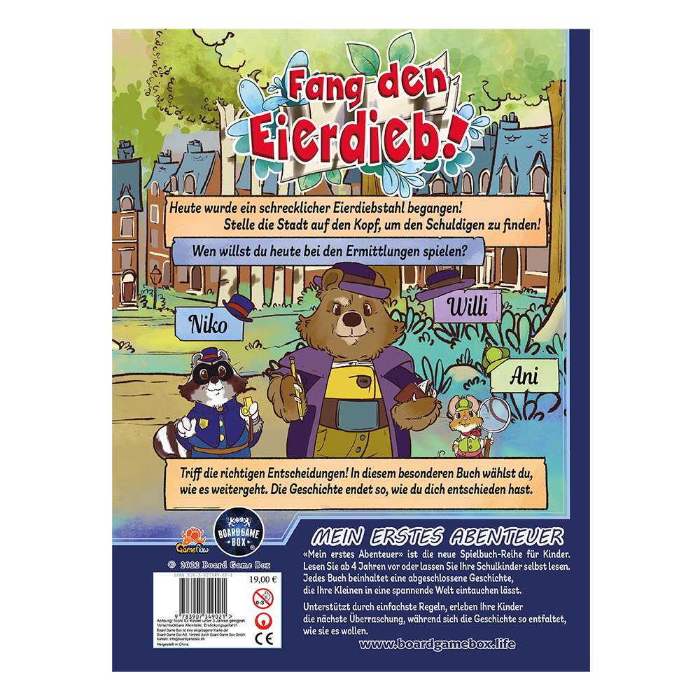 Kinderbuch, Eierschurz Dieb, Tierfiguren, Gruppenstab, Abenteuer