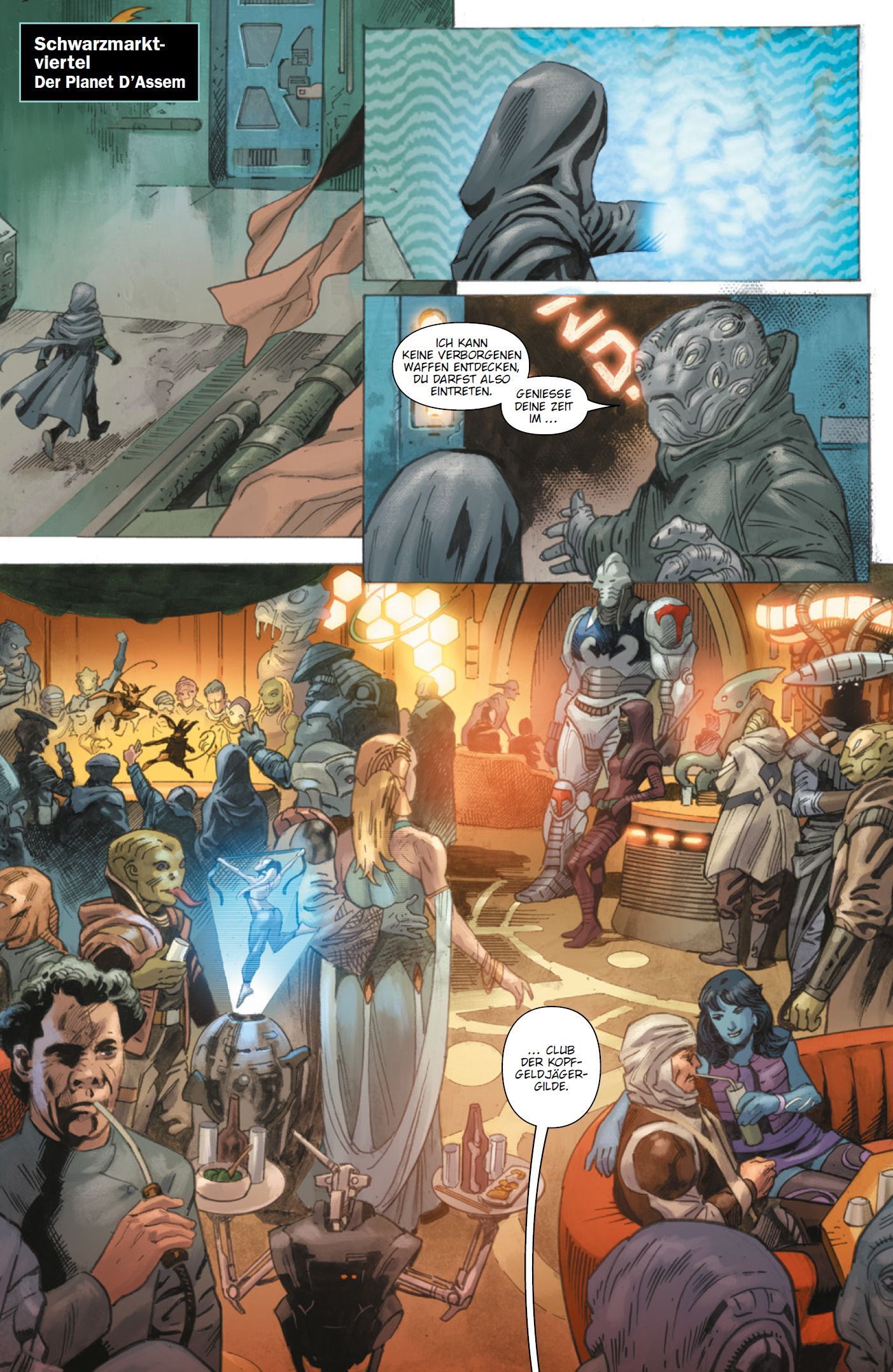 Sci-fi Bar, Alien Crowd, Holographic Figure, Armor Mask, Space Opera