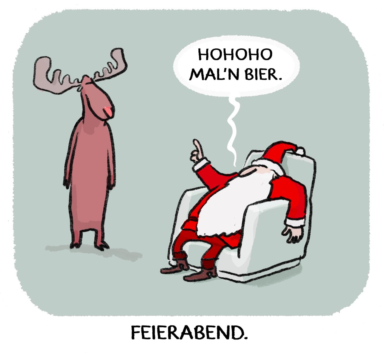 Weihnachtskarte, Feierabend, Santa, Elch, Sessel