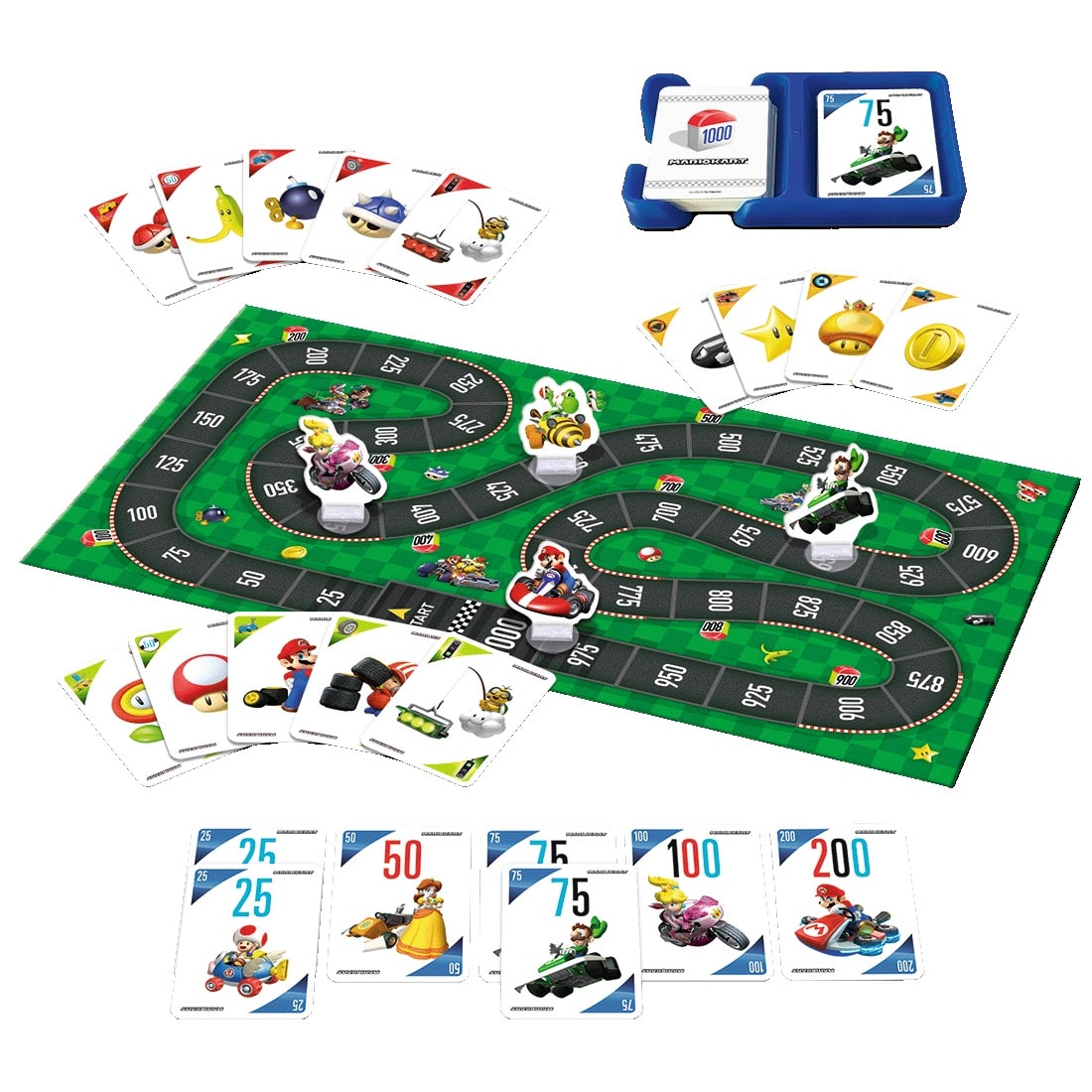 Mario Kart: 1000 km Spielbrett, Nachziehspiel, Kartensatz, Würfelkarten, Spielchips