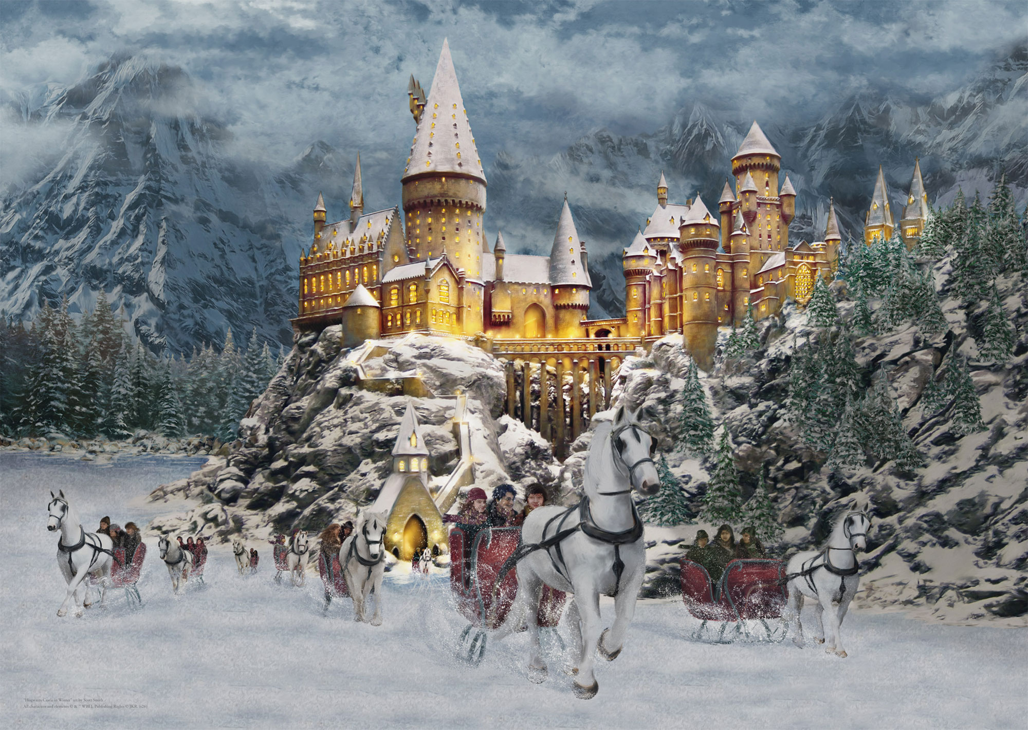 Schloss, Schneebedecktes Dorf, Winterlandschaft, Kutschengespann, Pferde
