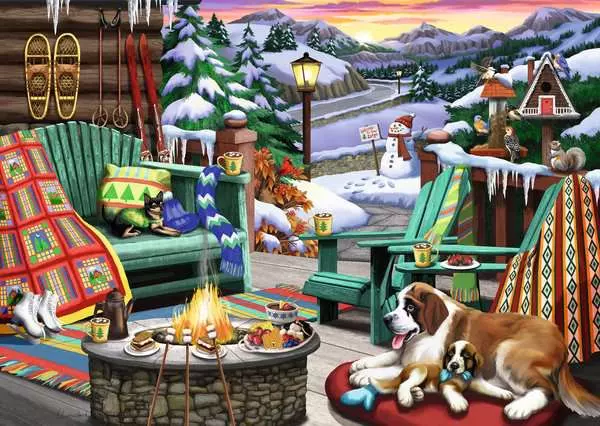 outdoor_cabin, winter_scene, fire_pit, dogs, snowy_decor