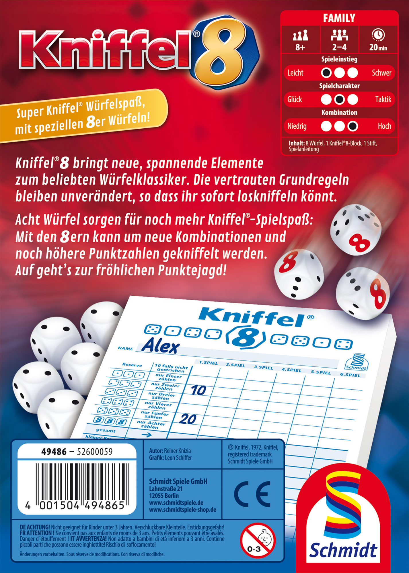 Kniffel 8 Würfel, Brettspiel, Kniffel 8, Spielelemente, Score Sheet