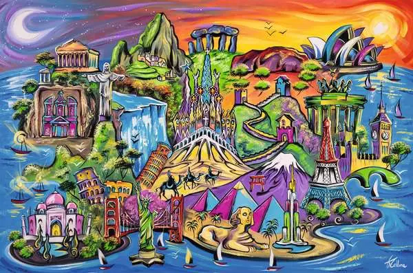 poster, kunst, illustration, farbenfroh, stadtlandschaft
