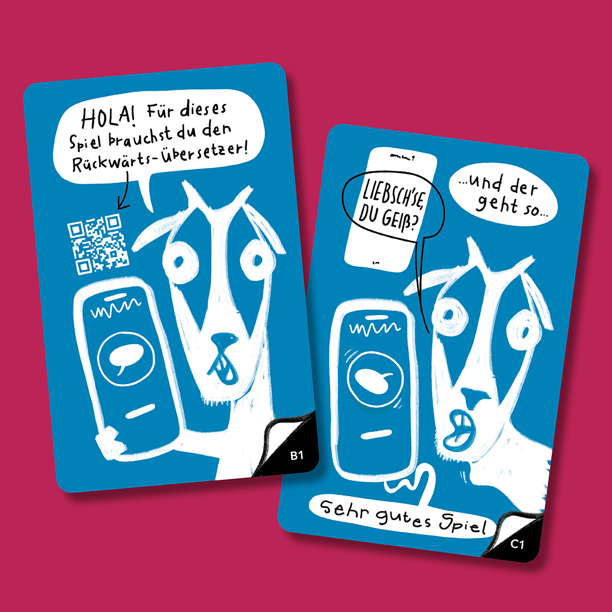 Liebsch'se du Geiß karten, spielkarten, kartenspiel, hundeillustration, QR-code