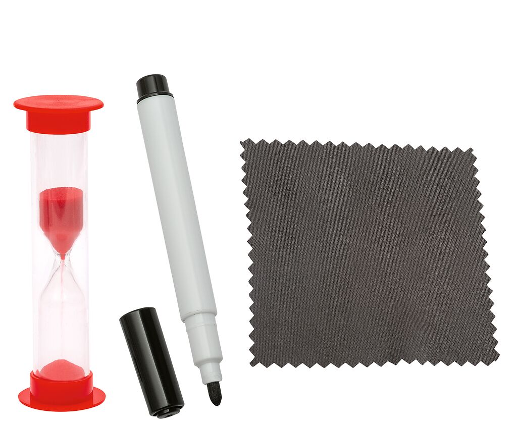 Color Words Textilmarker, Stoffprobe, Sanduhr, grauer Stoff, schwarze Spitze