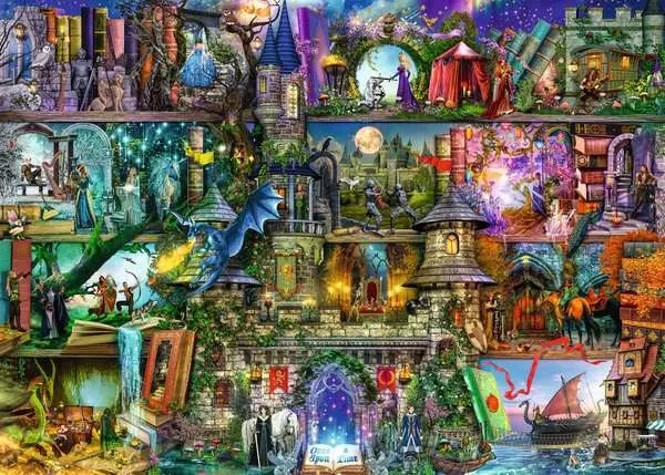 Puzzle: Myths & Legends Märchenlandschaft, Drachen, Schloss, Nacht, Buch