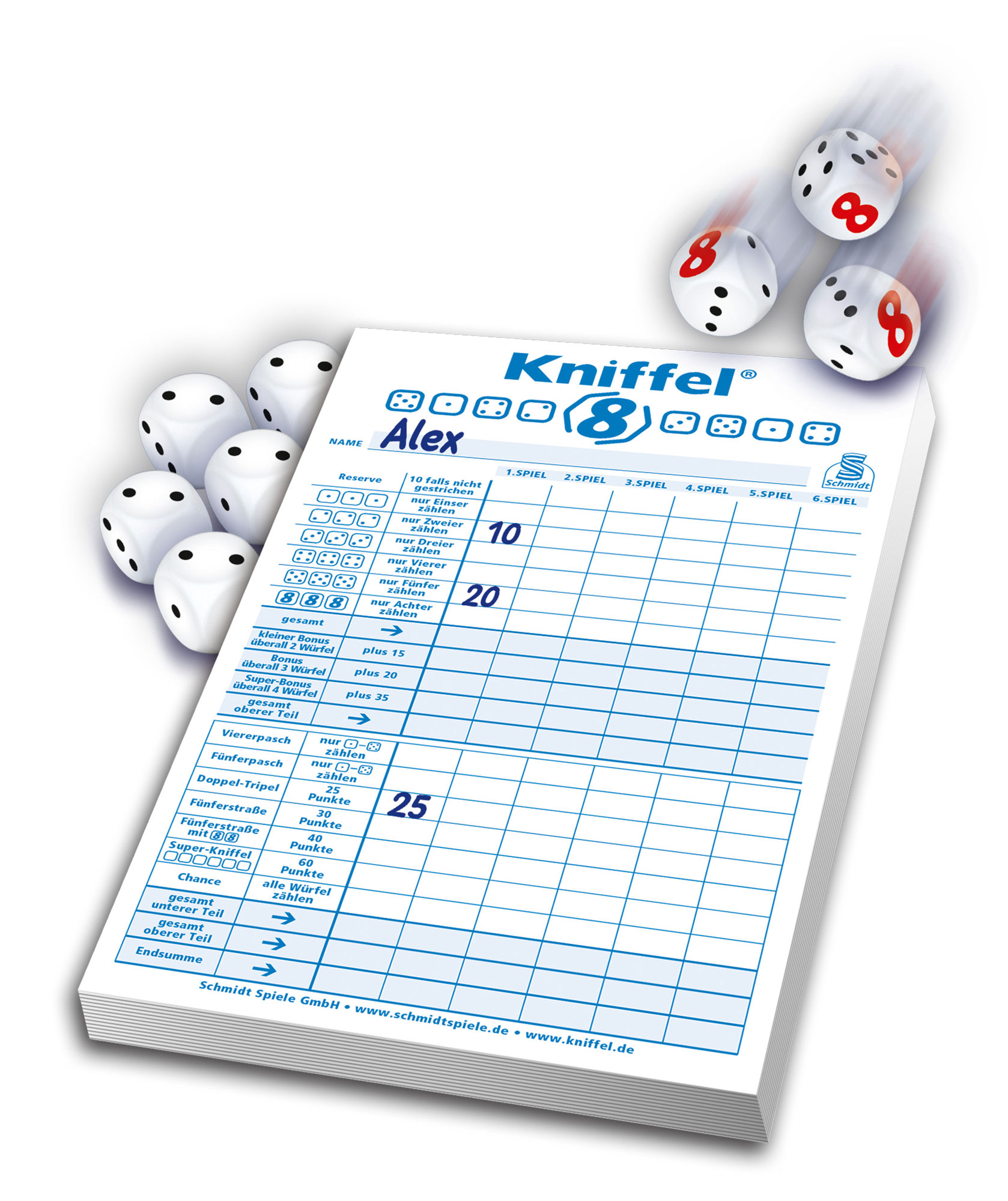 Kniffel 8 Brettspiel, Punktezettel, Würfel, Würfelspiel, Kniffel
