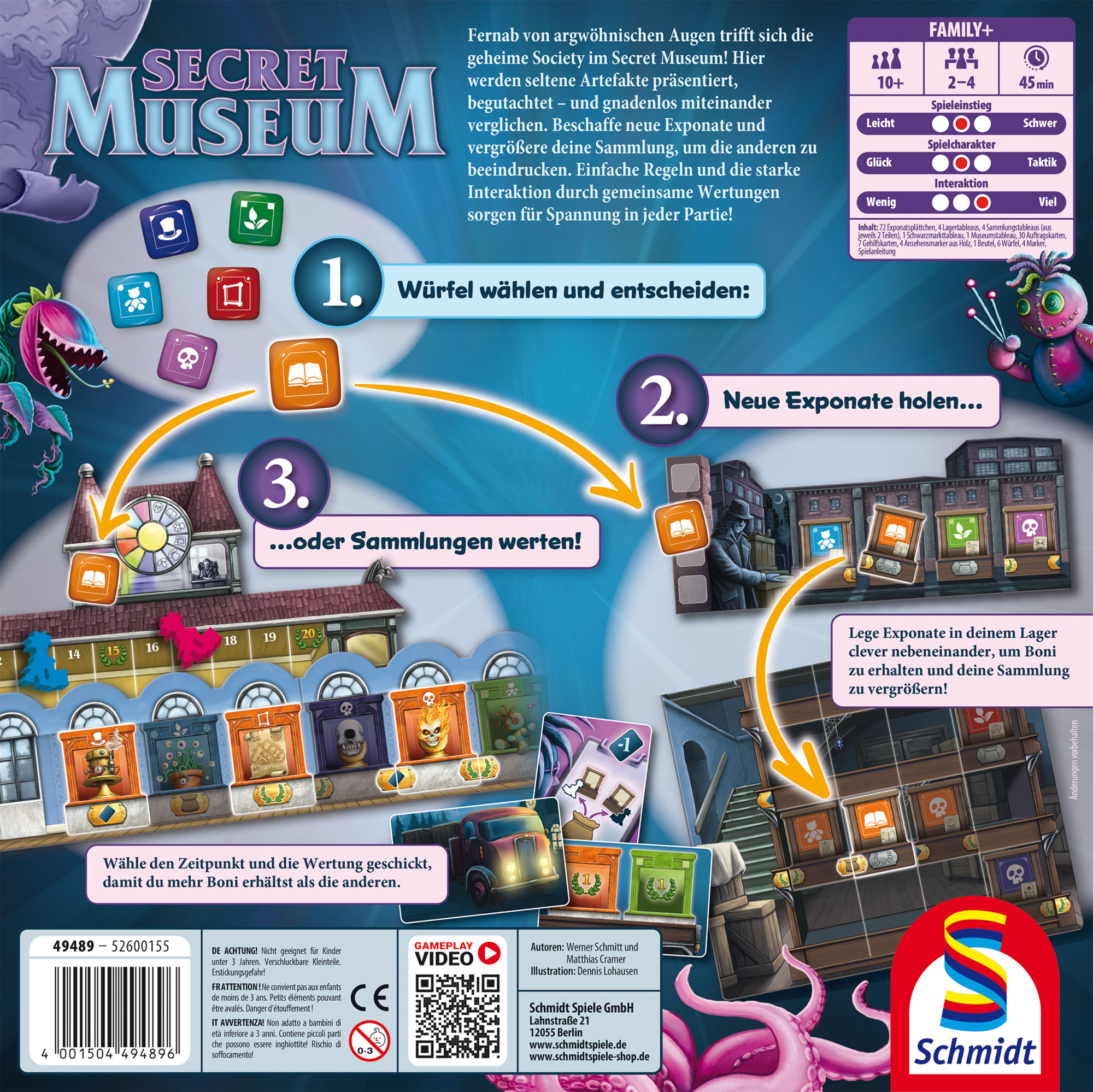 Secret Museum Brettspiel, Kacheln, Ausstellung, Regal, Logo