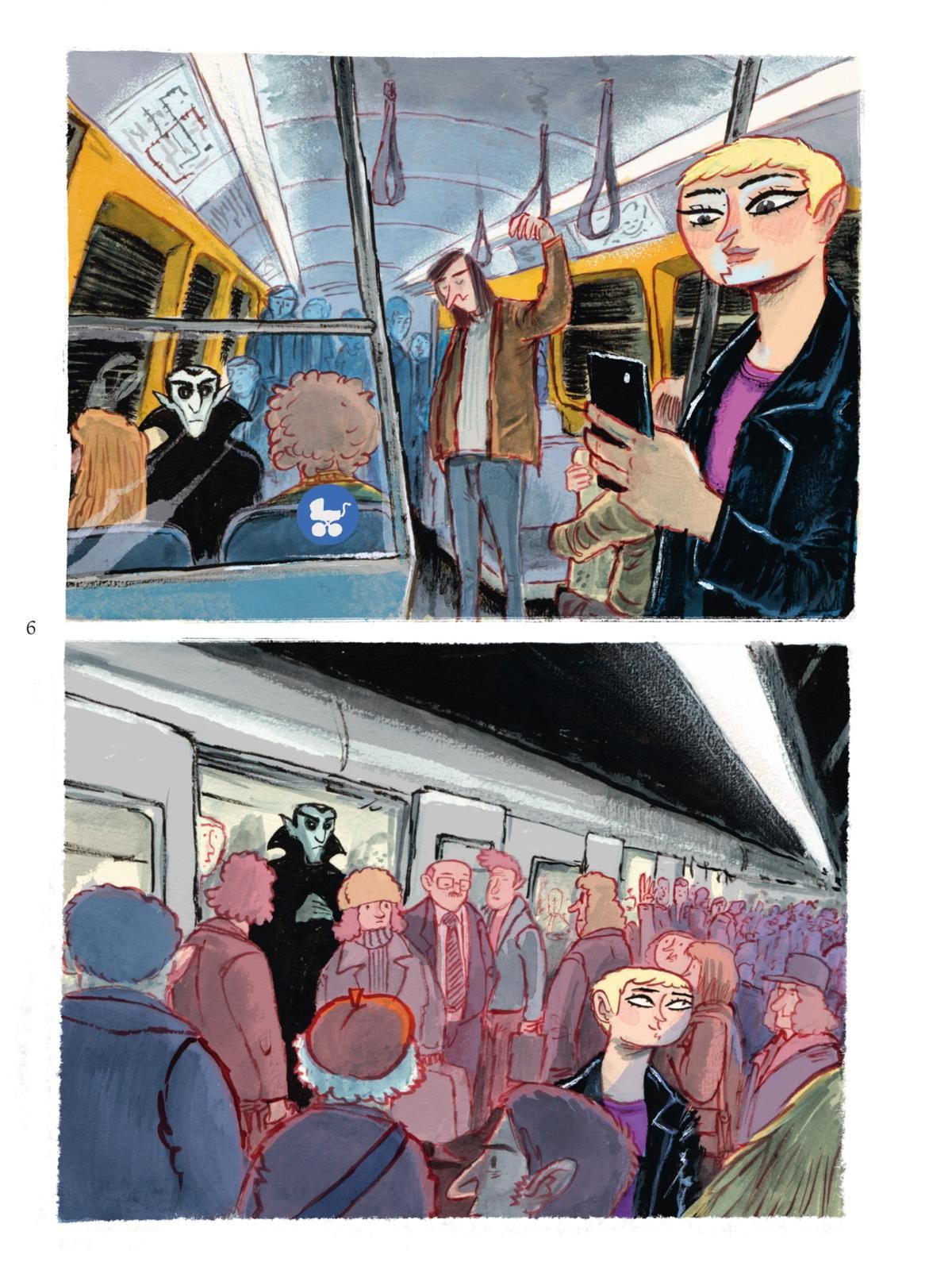 Blutsauger Person auf U-Bahn, blonde Frau, Smartphone, überfüllte U-Bahn, Maskenfigur