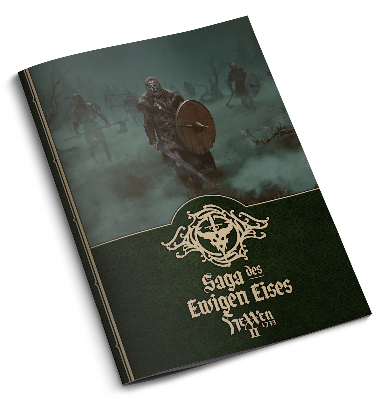 HeXXen 1733: Saga des Ewigen Eises rpg book, fantasy cover, medieval warriors, shield sword, foggy battlefield