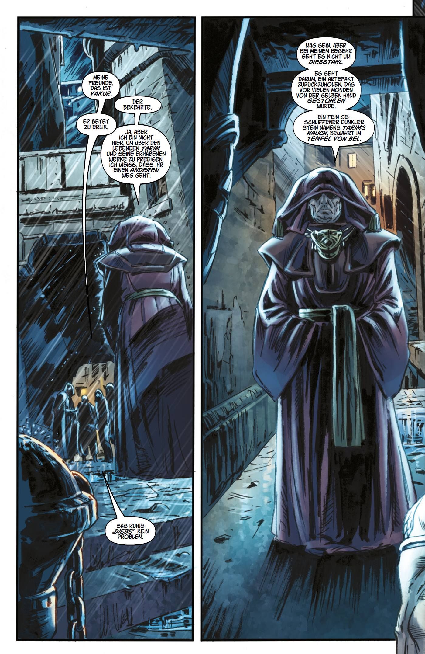 Conan der Barbar Bd.2: Der Dieb und die Piratin 2024 Robe, Hooded figure, Szene, Stadt, Nacht