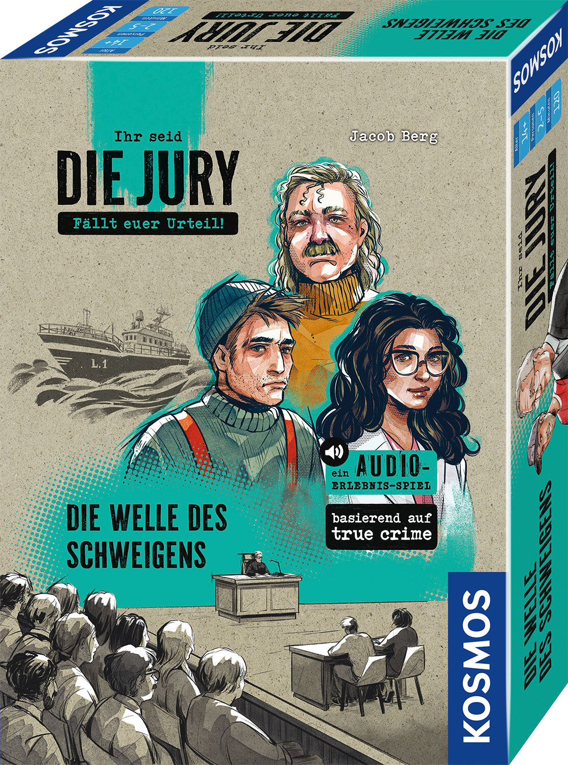 Buchcover, Detektivspiel, True-Crime, Gerichtssaal, Kunststil