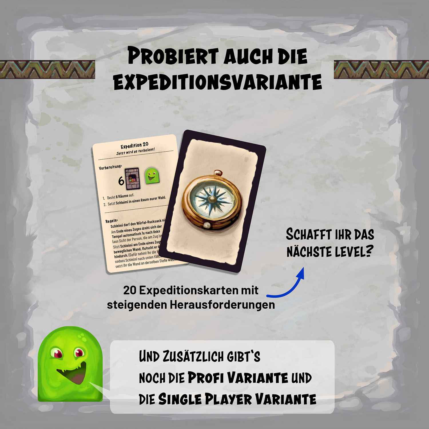 Temple Twist Expeditionenkarten, Kompass, Brettspiel, Anleitungskarte, Levelaufstieg