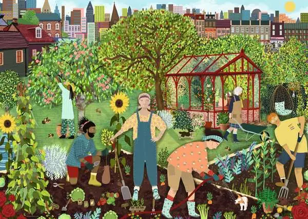 Puzzle: Community Allotment Gemeinschaftsgarten, Vegetation, Sonnenblume, Gewächshaus, Arbeiter