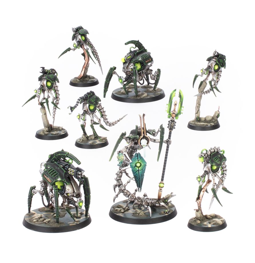 SciFi miniatures, alien army, green accents, mechanical creatures, base terrain
