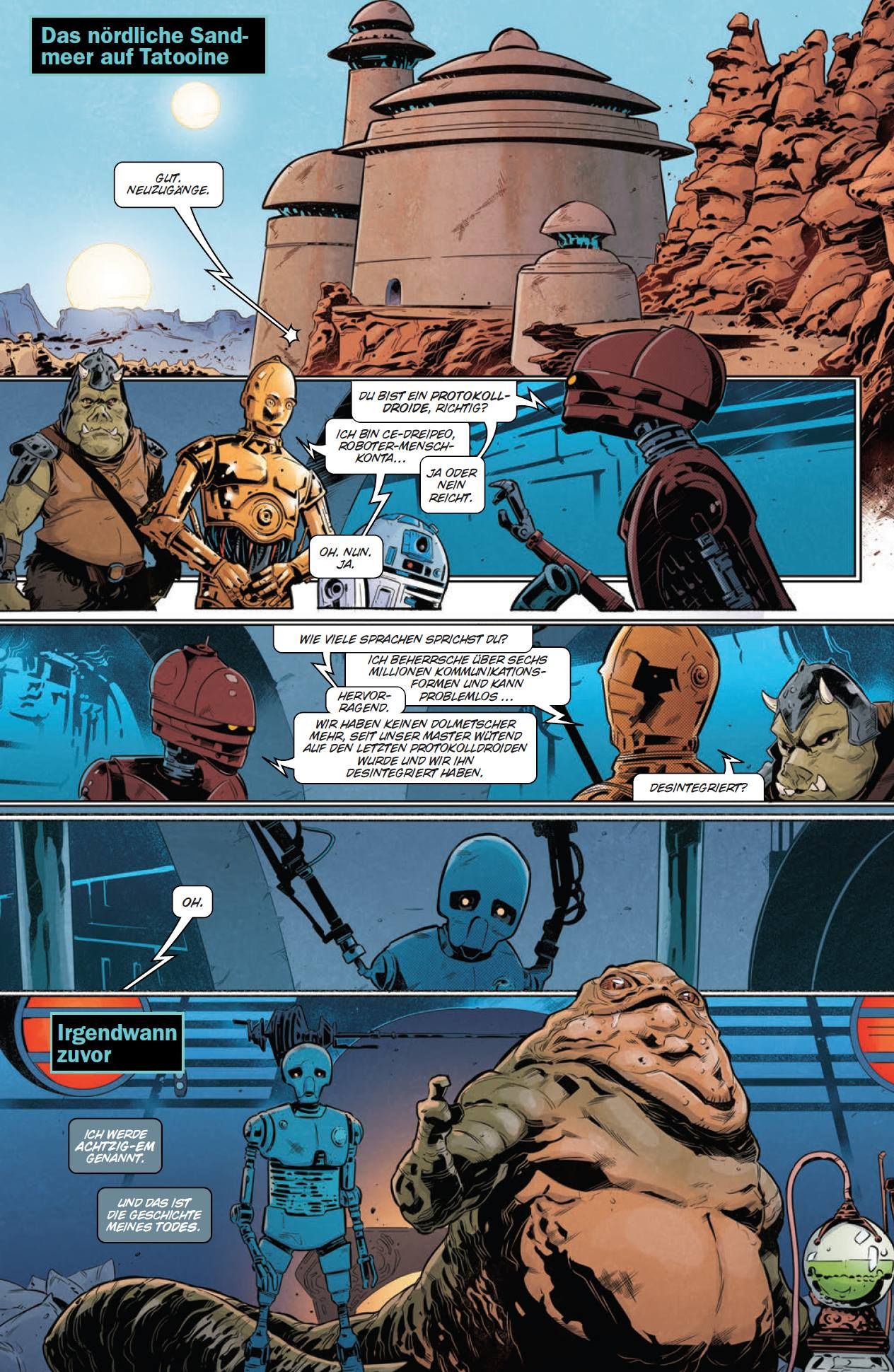 Sci-Fi Comic, Droid, Robot, Käferartige Kreatur, Sonnenuntergang Landschaft