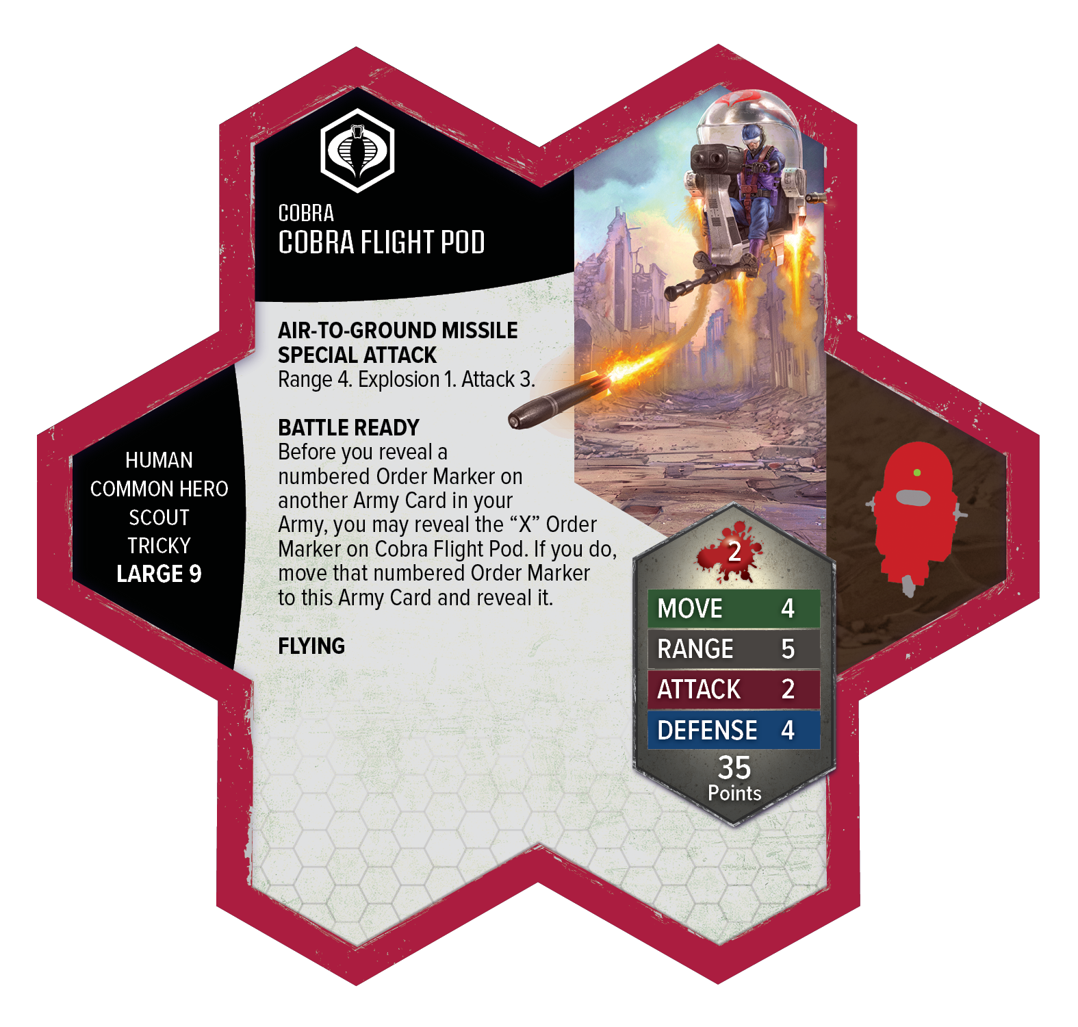 G.I. JOE Heroscape: COBRA Troopers and COBRA Flight Pod Army Expansion Air-to-ground missile, Kämpfkarte, Bewegung 4, Reichweite 5, Verteidigung 4