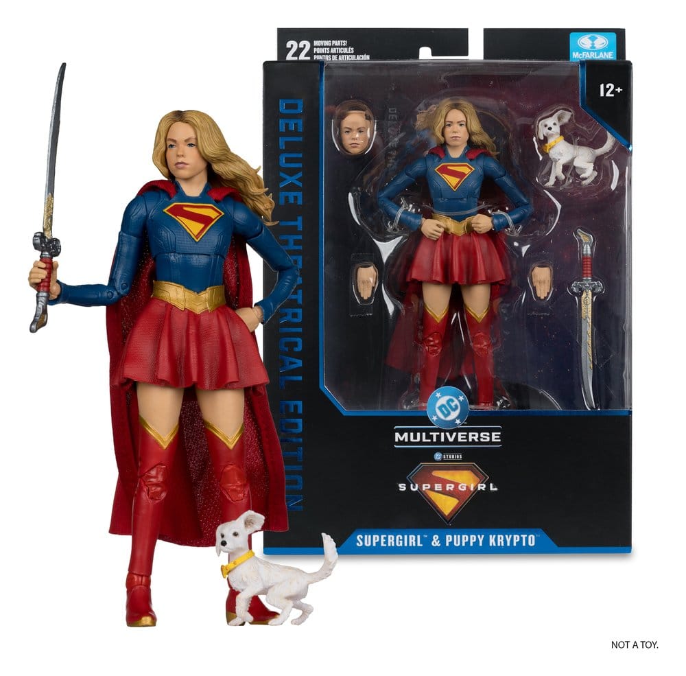 DC Multiverse AF: Supergirl & Puppy Krypto Deluxe Theatrical Edition 17cm Supergirl figur, Actionfigur, Kriegerin, Schild, Hundspielzeug