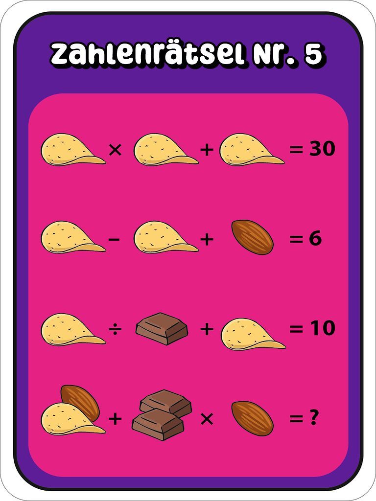 Rätsel Snacks: Zahlen suchen chips, walnuss, schokolade, mandel, puzzle