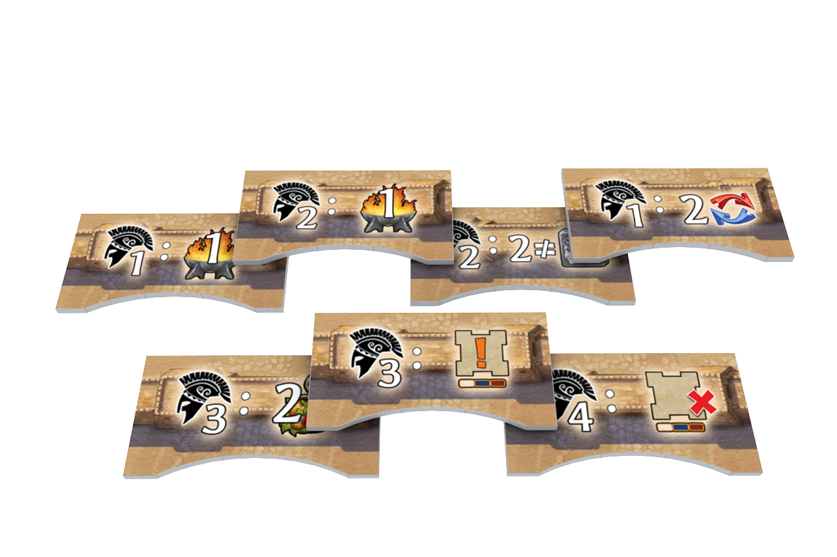 Brettspiel, Kacheln, Lagerfeuer, Symbole, Zahlen