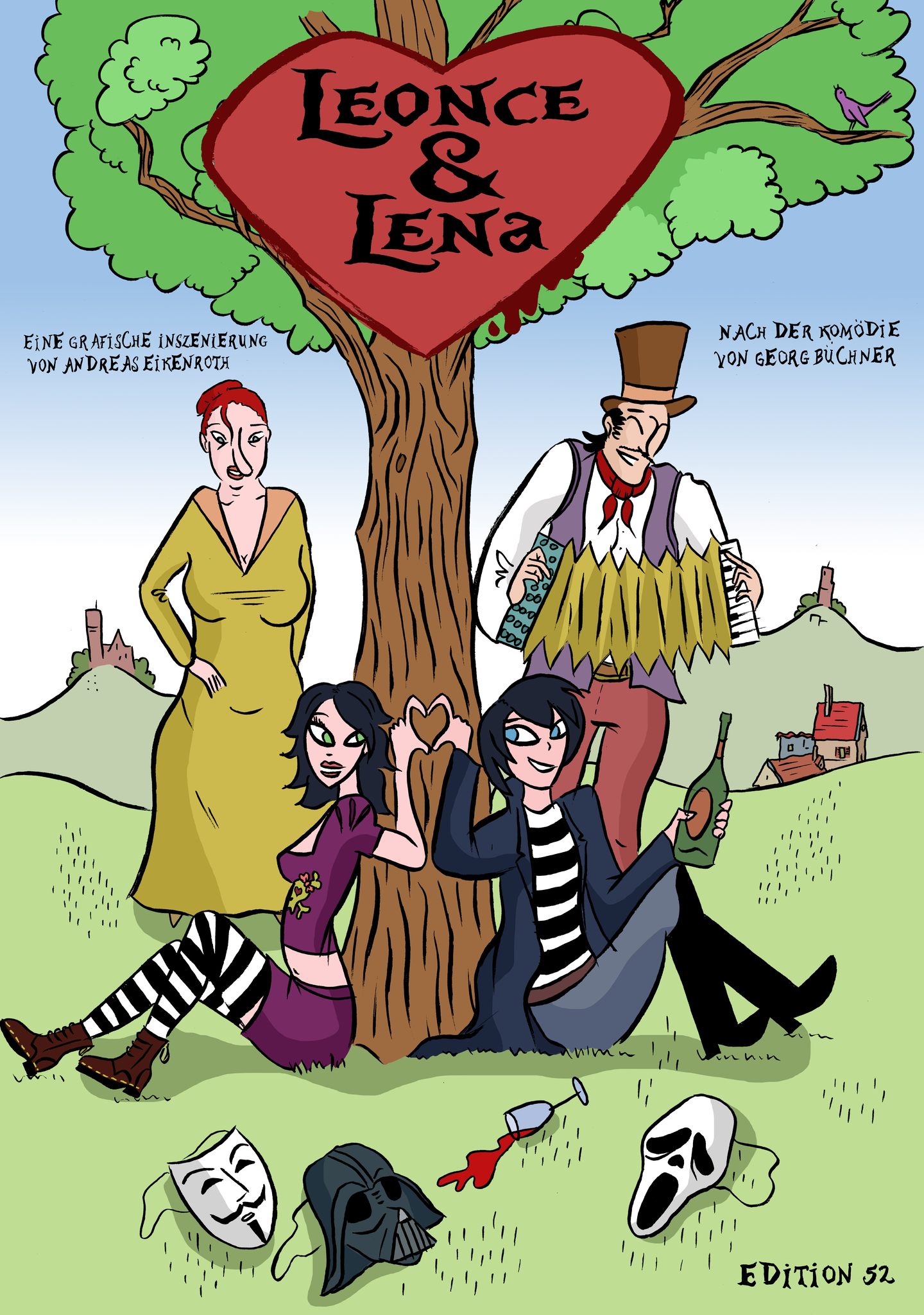 Leonce & Lena cartoon, humorous illustration, comic characters, theatre prop, scene depiction