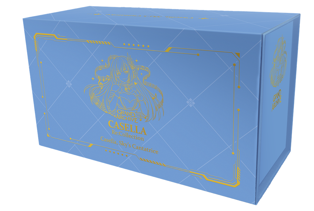 Grand Archive TCG: .asphodel/cantabile Re:Collection "Casella, Sky's Cantatrice" Box, Verpackung, Blaue Box, Goldfolie, Casella Re:Collection