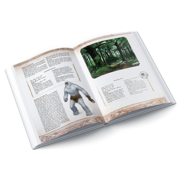 DSK: Mondgeheul Buch, Open-Book-Layout, Bildtext, Holzornament, Mönch/Kulturreferenz