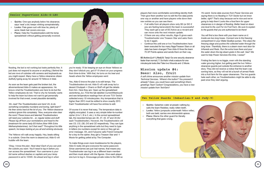 Paranoia RPG: Water, Water, Erverywhere illustration, charakterporträt, grünes hemd, blauer krawatte, kartenspiel thema
