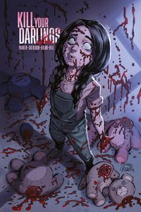 Horror-Comic, Zombie-Mädchen, Blut spritzer, Lila Haare, Cartoon-Illustration