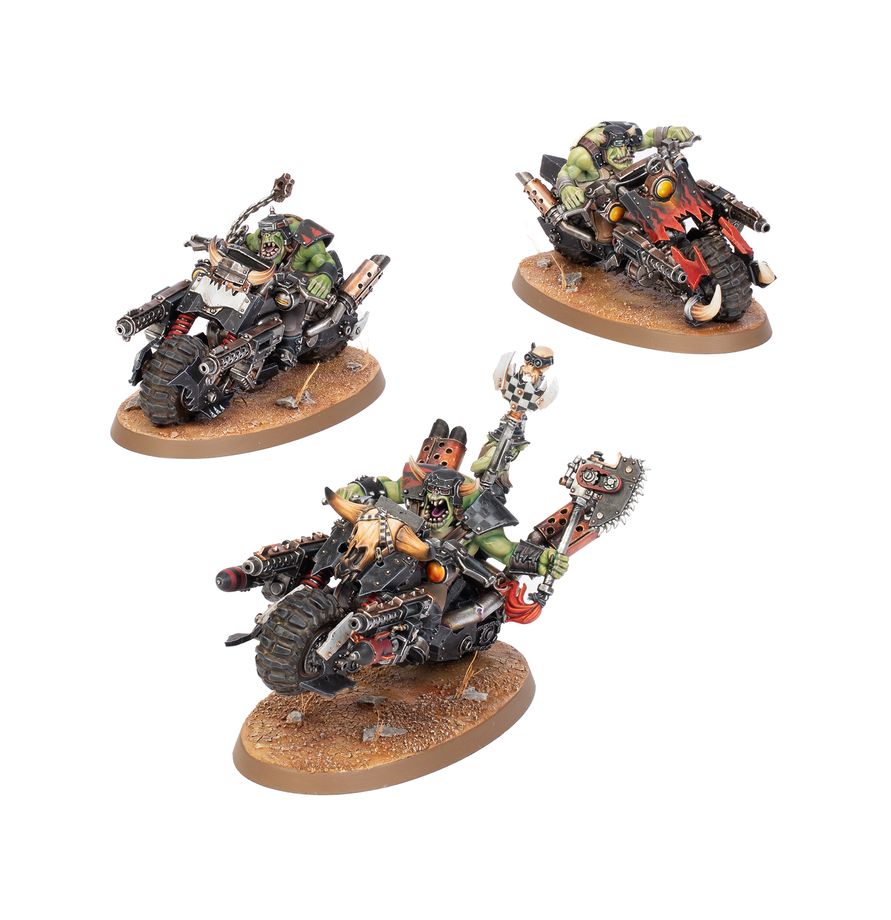 Warhammer 40K: Orks - Warbikers Orc, Motorrad, Miniaturen, Waffen, Gesteinbasis