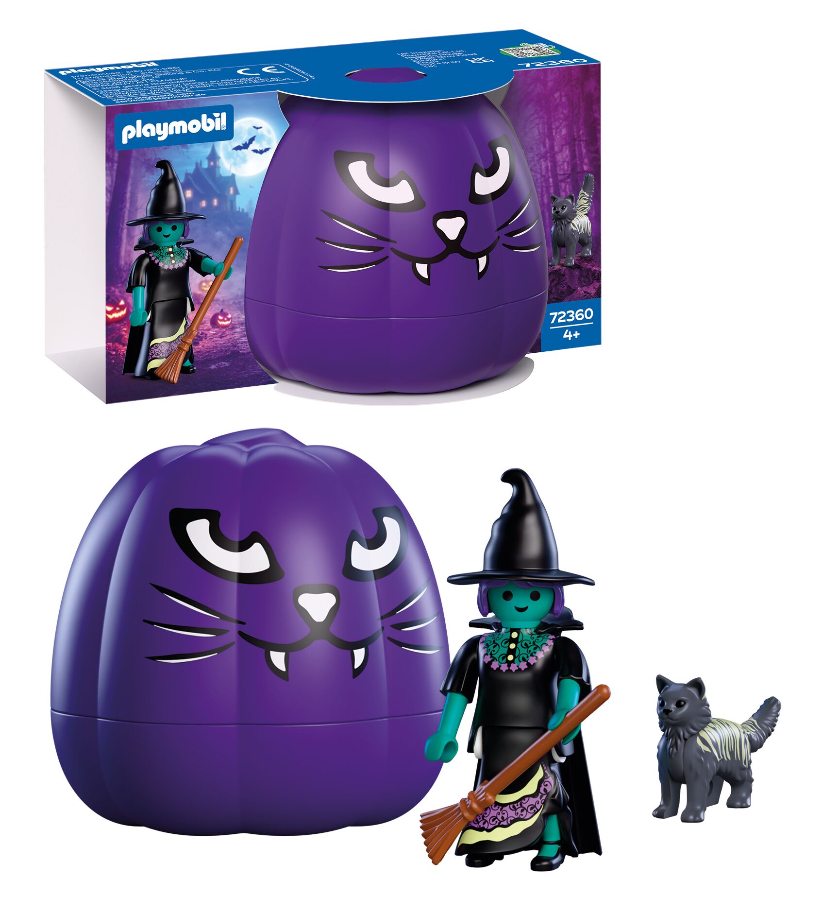 lila pumpkin, hexenfigur, besen, katzenfigur, pumpkin spielzeug