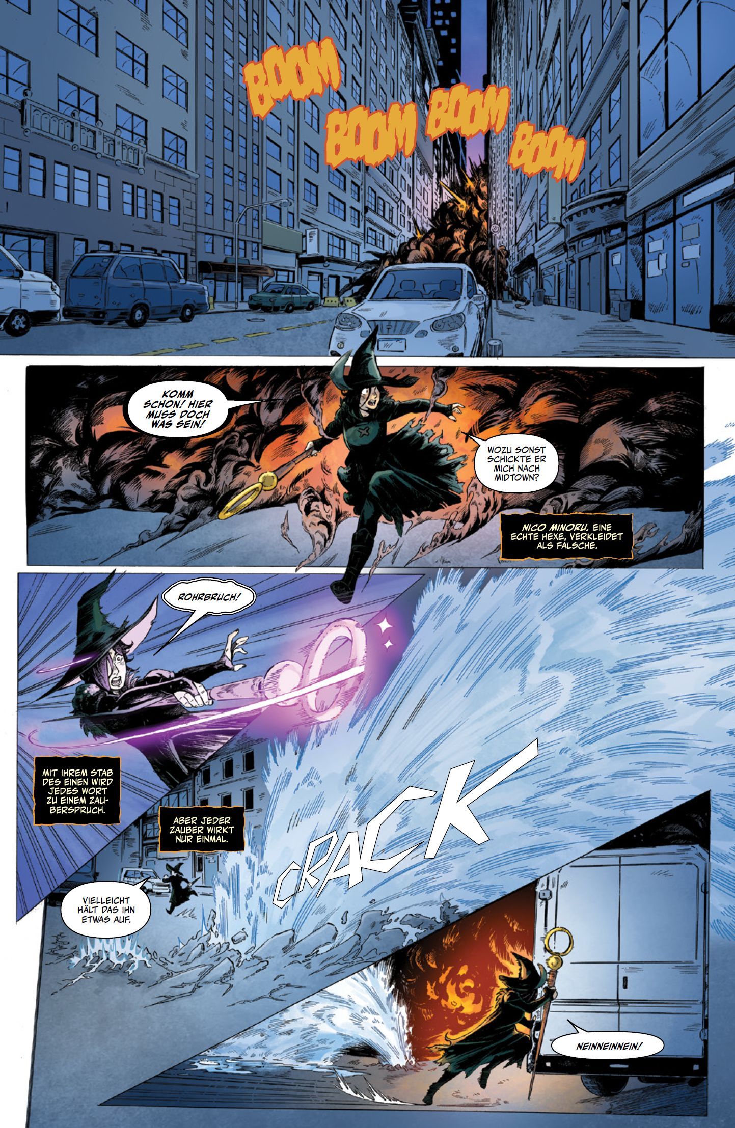 Comic, Zauberer, Hexe, Stadt, Explosion