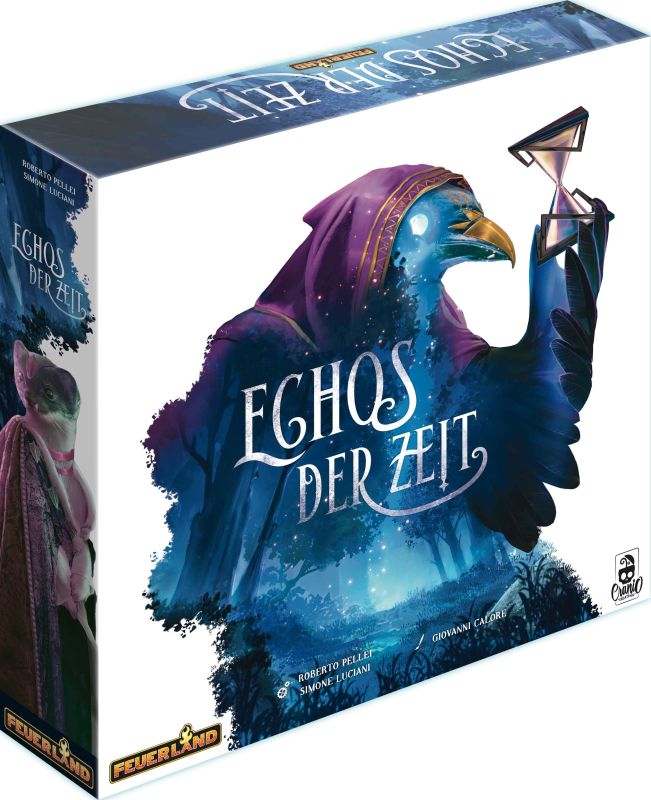 Brettspiel, Echos der Zeit, Kunstwerk, Vogel-Figur, lila blau