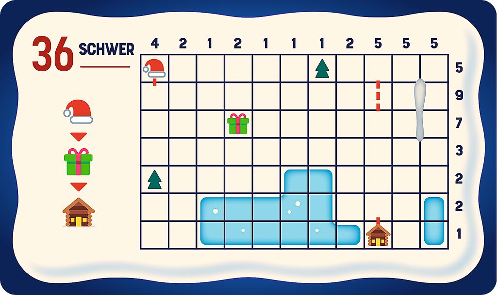 Schlitten, Schnee & Rätselspaß Pinguin-Spielzeug, Häuschen, Schneeweg, Tannenbaum, Geschenke